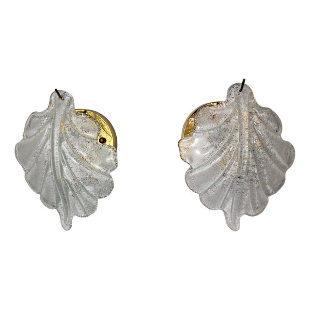 Italian Leaf Sconces in Frosted Glass from Murano Mazzega, 1970, Set of 2 For Sale