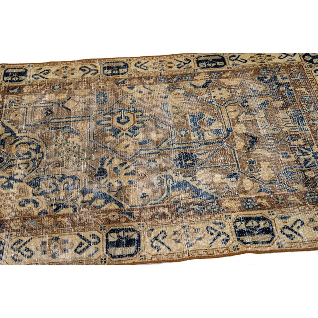 Textile Mid 20th Century Vintage Persian Distressed Brown Handmade Geometric Wool Rug For Sale - Image 7 of 9