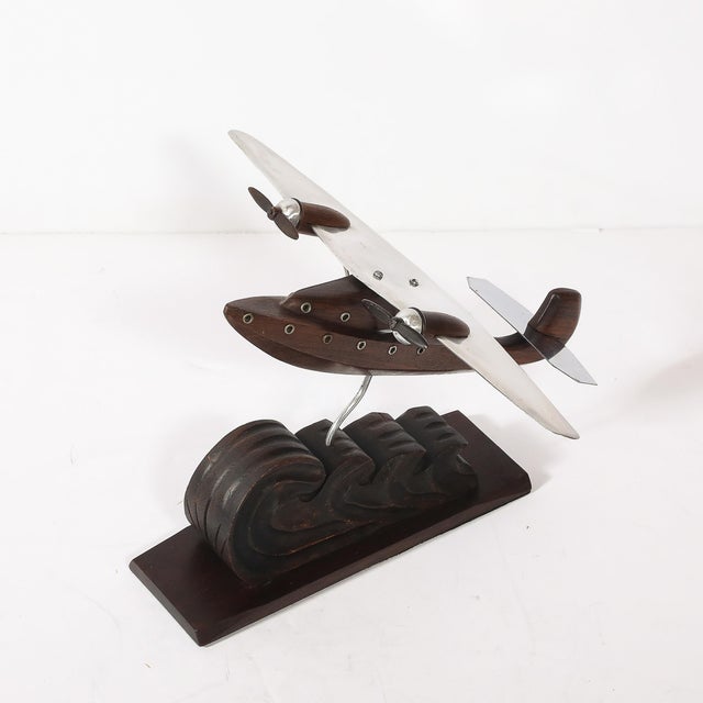 Art Deco Anthoine Art Bois Carved Wood and Metal Seaplane Model on Stand For Sale - Image 11 of 14