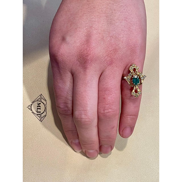 Natural Emerald, Oval Stone and Diamond Ring 14 Karat Yellow Gold For Sale - Image 9 of 18