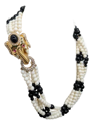 Vintage 1970s Signed Ciner White & Black Beaded Elephant Necklace