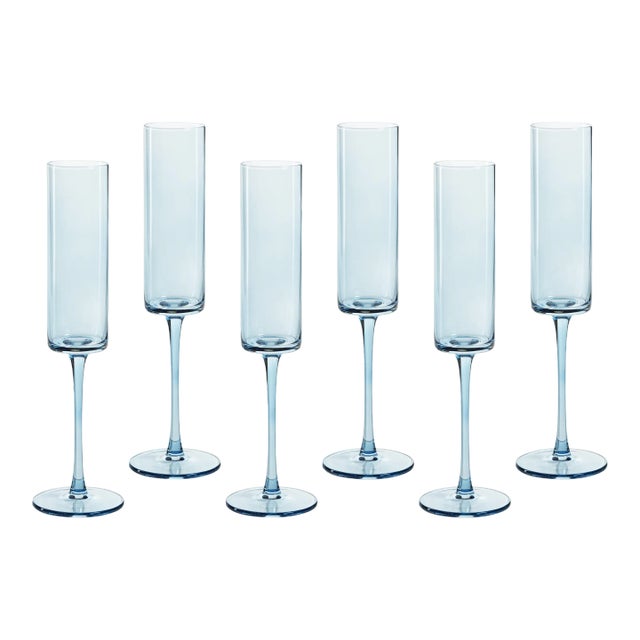 Foligno Champagne Flutes - Light Blue, Set of 6 For Sale