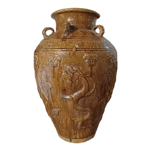 Late 20th Century Indonesian Terracotta Urn / Jar / Vase With Brown Glaze and Dragon Motif