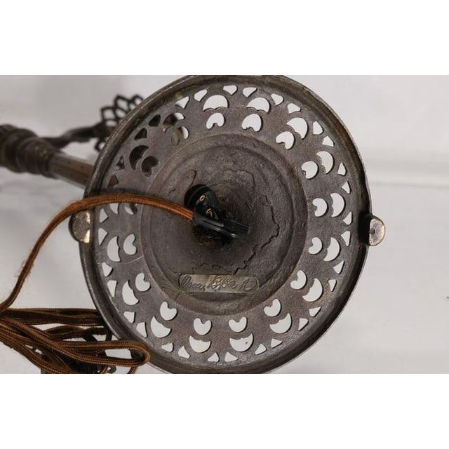 1910s Signed Oscar Bach Bronze 2-Light Table Lamp With Quality Art Glass Shades, Good Patina For Sale - Image 14 of 15