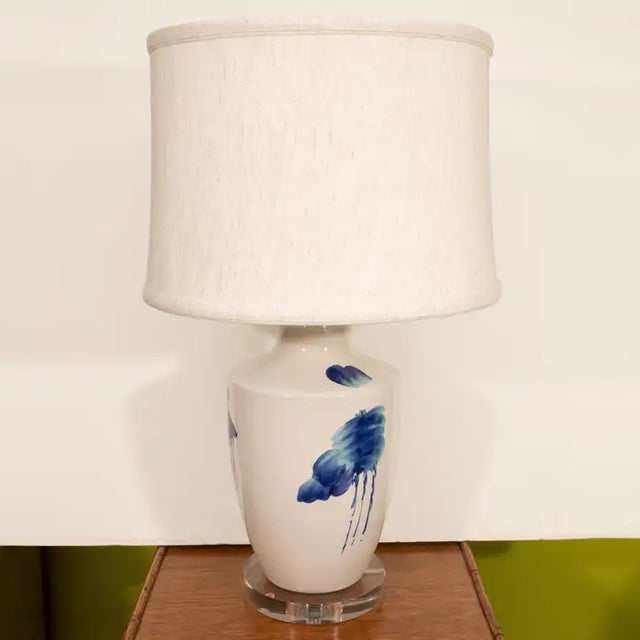 Pair of Blue and White Ceramic Lamps For Sale In New York - Image 6 of 8