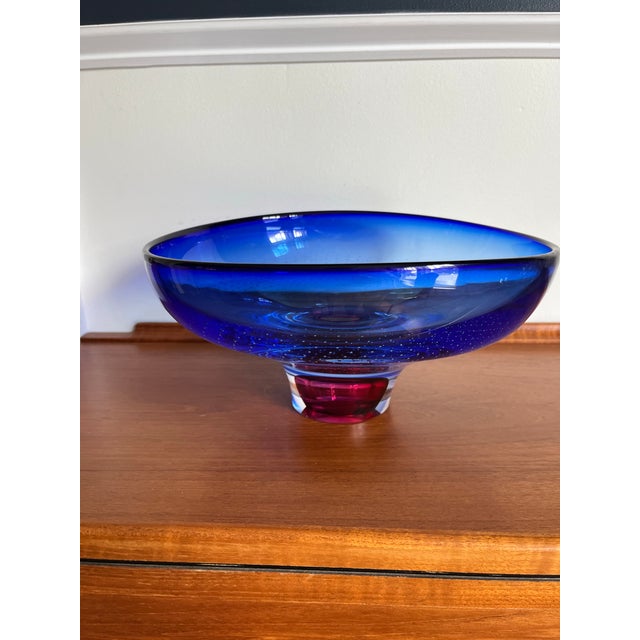 Signed Göran Wärff Kosta Boda Cobalt Blue & Ruby Art Glass Centerpiece Bowl For Sale - Image 9 of 12
