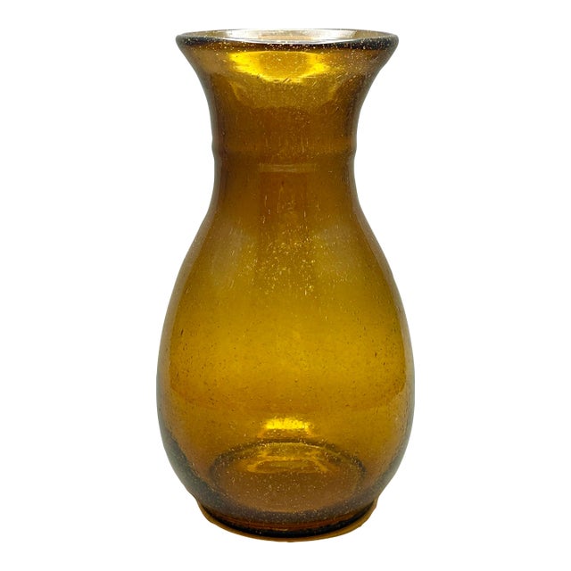 Vintage Minimalist MCM Hand Blown Amber Glass Vase With Bubble Detail For Sale