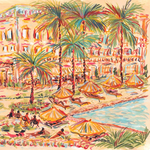 A luxurious and serene poolside view of the Pink Resort with palms.