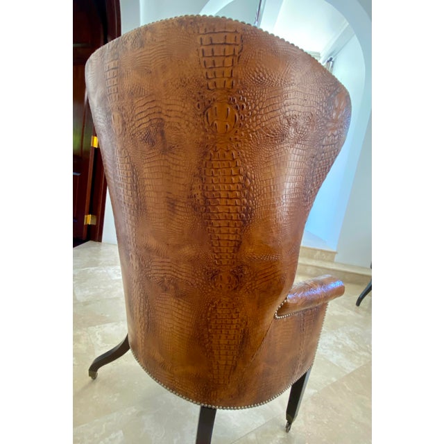 Wood Dessin Fournir Crocodile Embossed Leather Wingback Statement Chair For Sale - Image 7 of 11