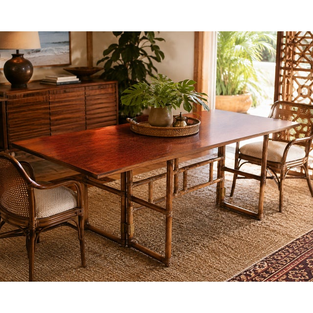 An exceptionally versatile vintage convertible table by McGuire of San Francisco, showcasing the brand’s iconic organic-...