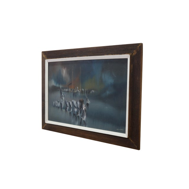 Charles Obas original oil painting featuring a rainy Haitian seascape / landscape scene with figures walking along the...