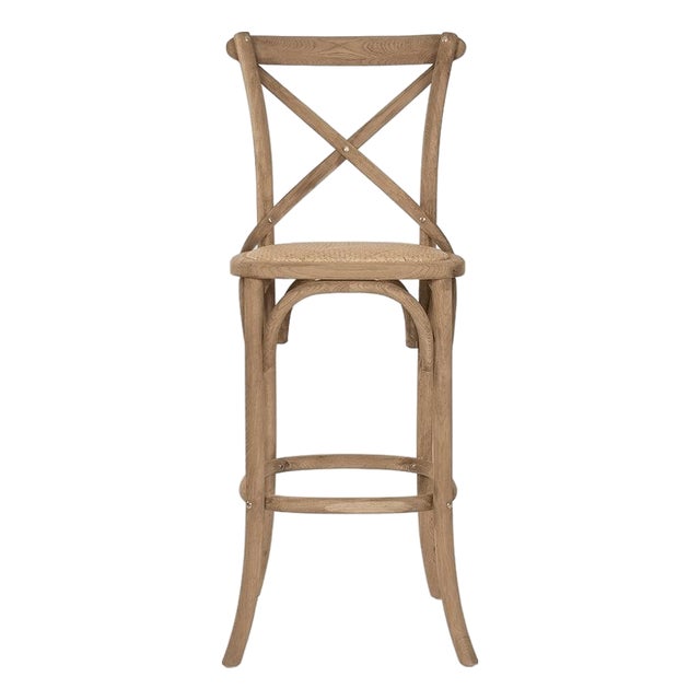 Parisienne Bar Stool with Rattan Seat - Linen / Natural Oak Frame For Sale
