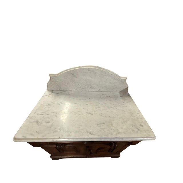 Antique Victorian Eastlake Walnut Marble Top Washstand With Carved Acorn Pulls, Circa 1880s For Sale - Image 9 of 11