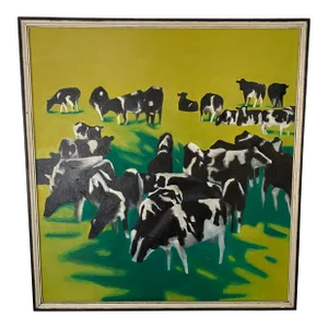 Vintage Oil Painting of Black and White Cows on Green Background by Jeanette Welty Chelf