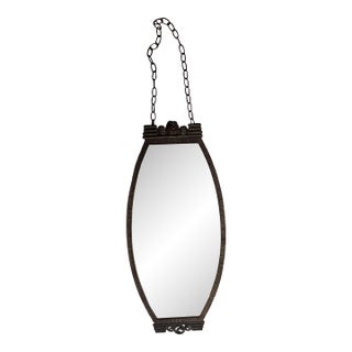 French Art Deco Wrought Iron Navette Mirror | Beveled Glass | Original Chain | C. 1920s–1930s For Sale