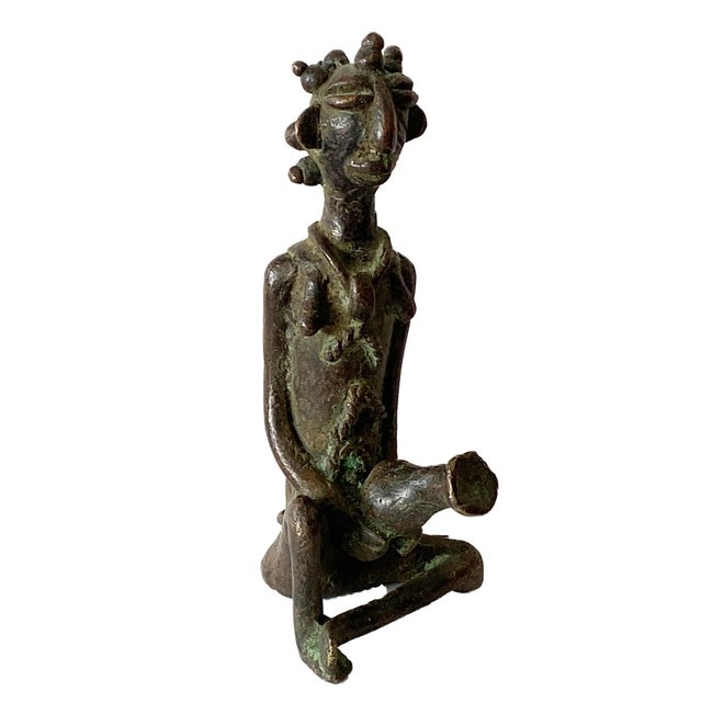 Metal Vintage Benin Bronze Sculpture of a Seated Female W/Jar Nigeria A For Sale - Image 7 of 7