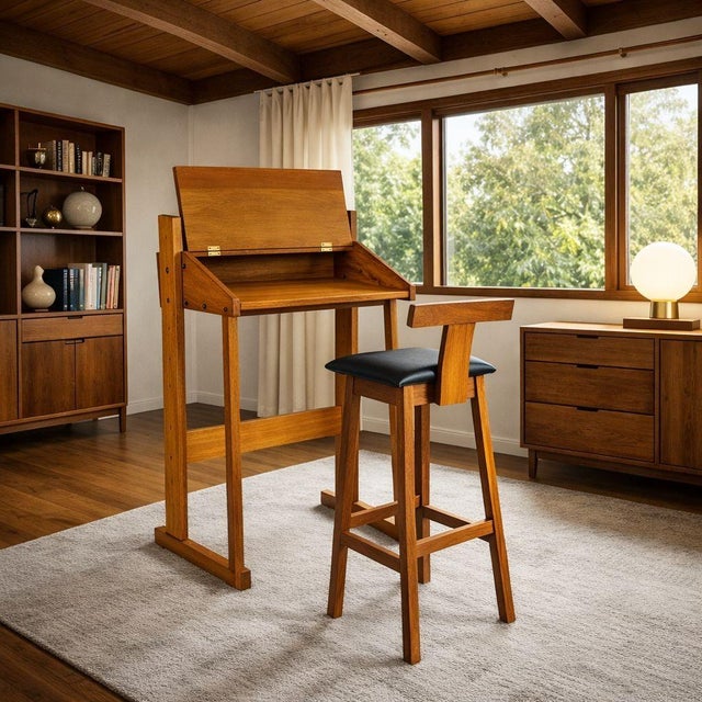 DANISH MODERN TEAK ADJUSTABLE-HEIGHT DESK AND CHAIR Circa 1960s 47 1/8" H x 22 1/2" D x 25 5/8" W [desk]; 15" D x 36 1/2"...