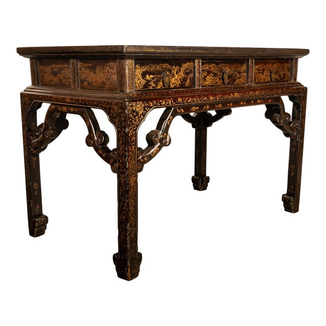 Antique Chinese Qing Dynasty Export Gilt Black Lacquer Table 3 Drawer Desk 1850 For Sale