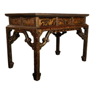 Antique Chinese Qing Dynasty Export Gilt Black Lacquer Table 3 Drawer Desk 1850