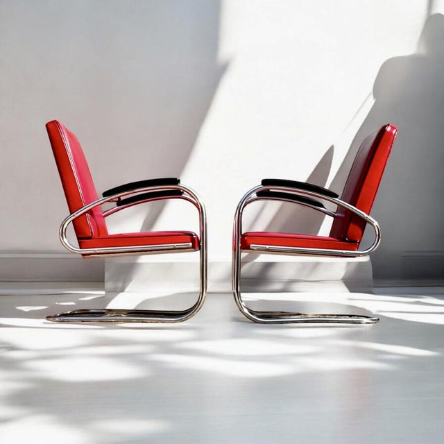 Bauhaus Modern Tubular Steel Seating Group Set of 2 Cantilever Armchairs and 1 Stool Ottoman by Mauser Werke, Mod. RS7 & RH1, Germany, 1935 For Sale - Image 5 of 18