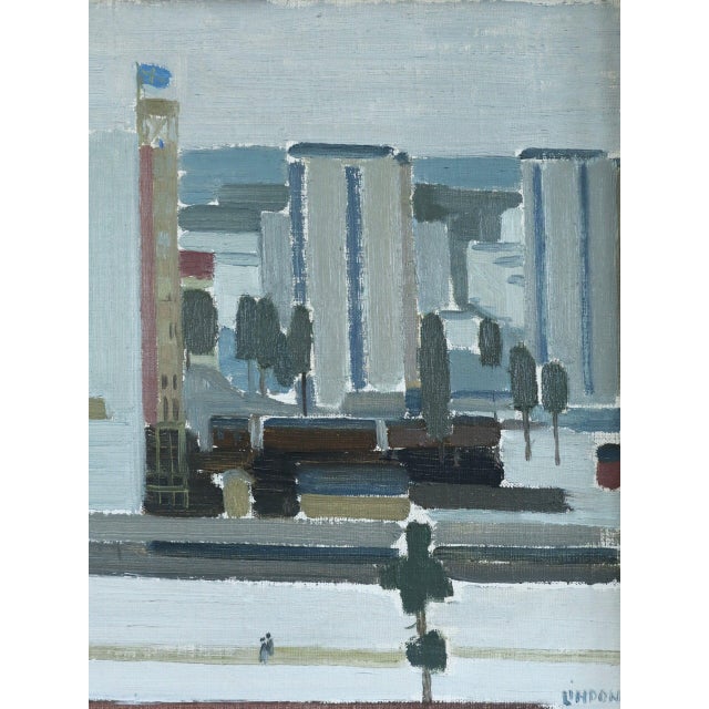 White Mid-Century Modern 'City Blocks' Vintage Abstract Street Scene Landscape Oil Painting by by Swedish Artist Kurt Lindon (1910-1985), Framed For Sale - Image 8 of 9