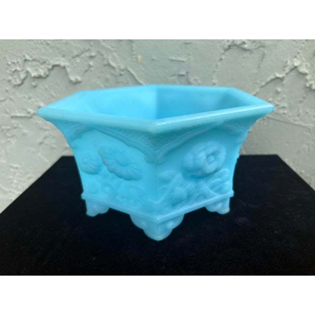 Fenton Art Glass Company Vintage Fenton Blue Satin Glass Footed Jardiniere Cachepot Planter For Sale - Image 4 of 8