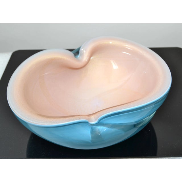 1960 Murano blown art glass bowl in turquoise blue, Gold dusted peach & Clear glass made in Italy. Mid-Century Modern...