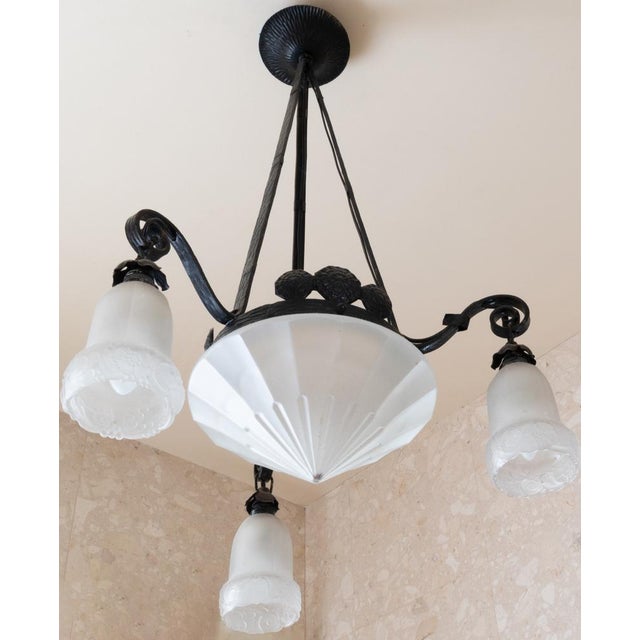 French Provincial Wrought Iron Ceiling Light with Frosted Glass, 1900s For Sale - Image 6 of 8