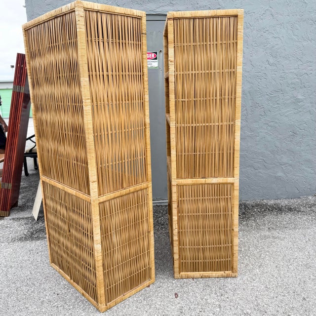 Wood Boho Chic Blonde Wicker Cabinet/Etageres - A Pair For Sale - Image 7 of 11