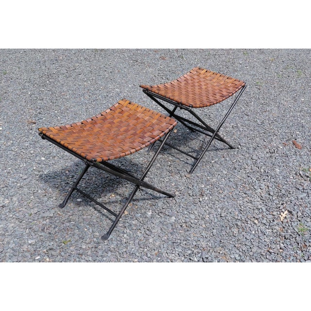 Industrial Vintage Iron and Leather Folding Stools a Pair For Sale - Image 3 of 10