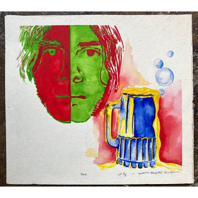 1975 watercolor on heavy paper of Bob in red and green and a beer mug over flowing. Pencil signed, dated, titled "Bob" and...