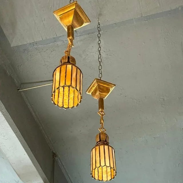 Pair of Arts & Crafts Stain Glass and Brass Pendant Lights For Sale - Image 4 of 9