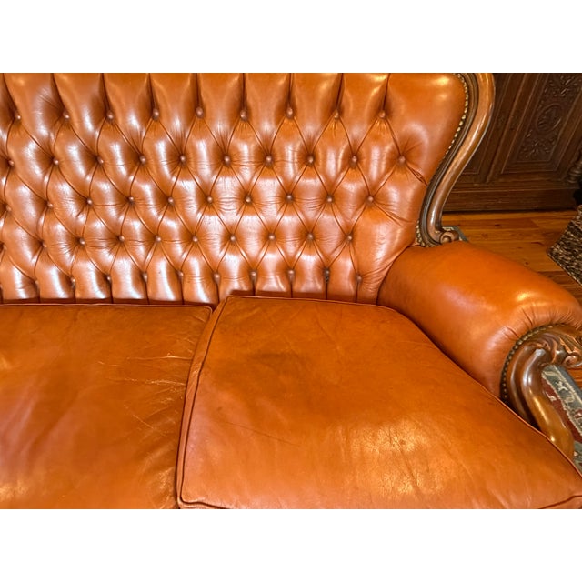 Victorian Victorian Style Tufted Leather Sofa With Carved Wood Frame, Vintage For Sale - Image 3 of 7