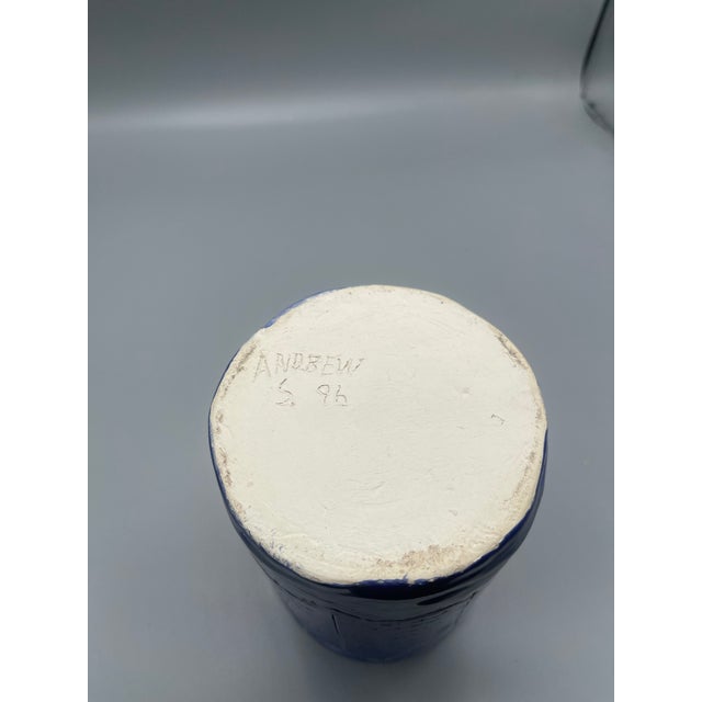 Ceramic 1996 Signed Studio Pottery Cobalt Blue Religious Symbolic Vessel For Sale - Image 7 of 7
