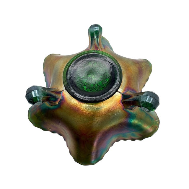 1910s Fenton Water Lily Green Carnival Glass Footed Bowl For Sale - Image 5 of 7