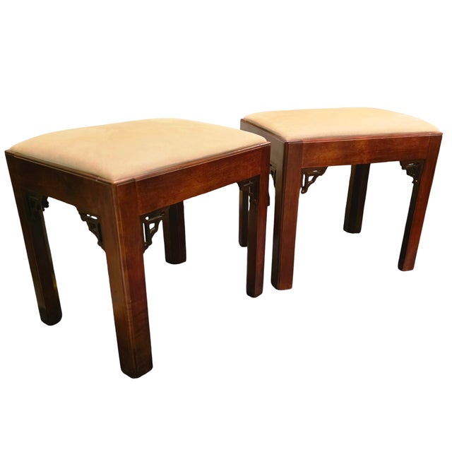 This Pair of Vintage W & J Sloane Ming-Style Hardwood Benches with Corner Spandrels, recently reupholstered, is a linear...