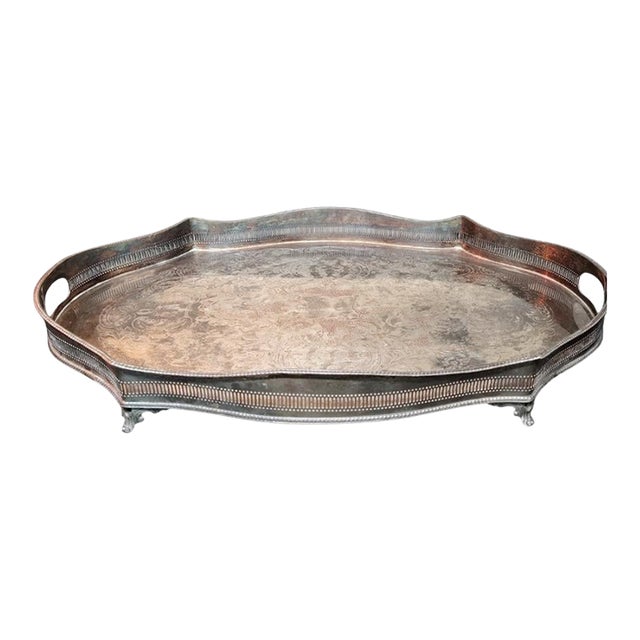 Antique Sheffield England Huge Oval Footed Gallery Serving Tray For Sale
