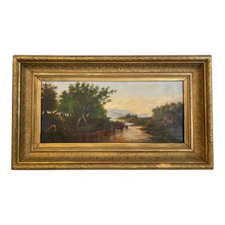 19th Century Antique Oil Painting of Cattle Watering For Sale