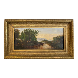 19th Century Antique Oil Painting of Cattle Watering