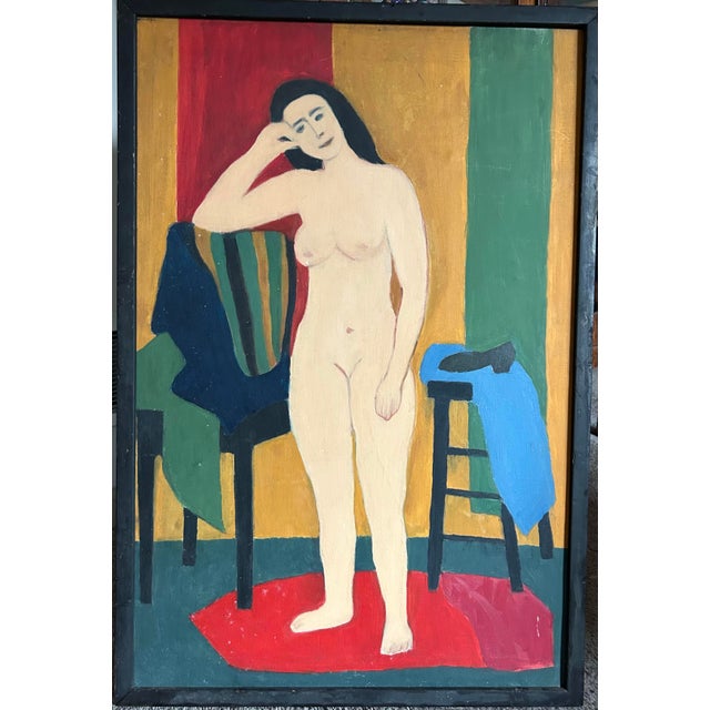 Vintage Mid Century abstract oil painting of a nude woman. Features bright red, yellow, blue and green colors. In handmade...