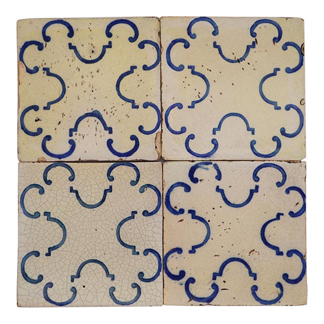 19th/20th Century Portuguese Set of Four Tiles, Tin-Glazed Pottery For Sale