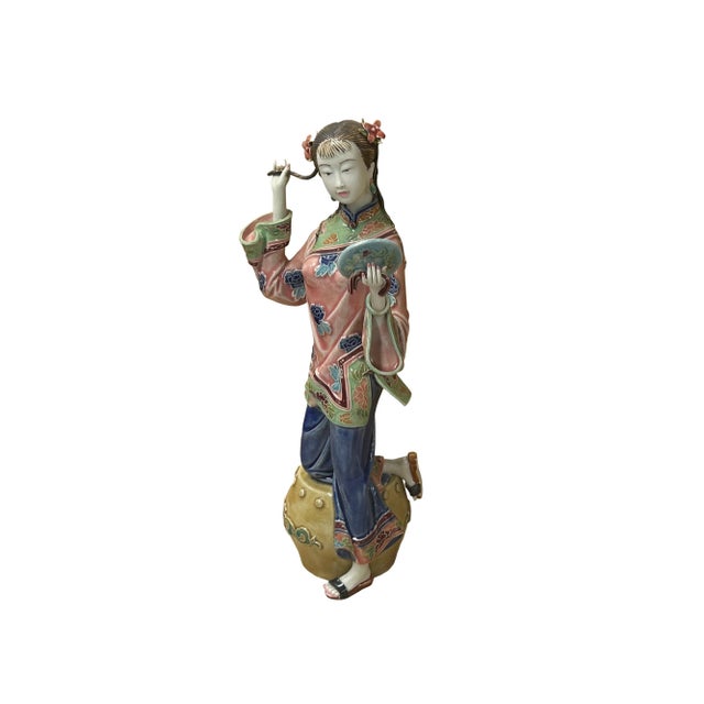 Asian Chinese Porcelain Qing Style Dressing Holding Mirror Lady Figure For Sale - Image 3 of 8