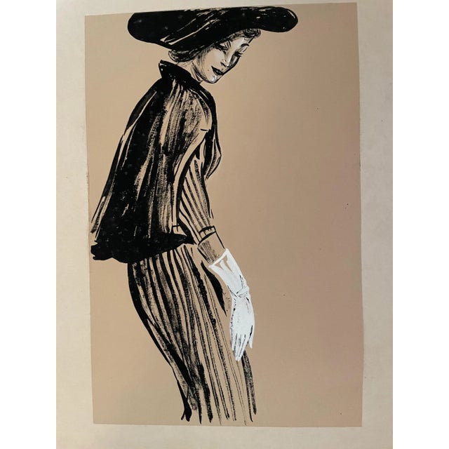 Original watercolor fashion illustration by unknown artist.