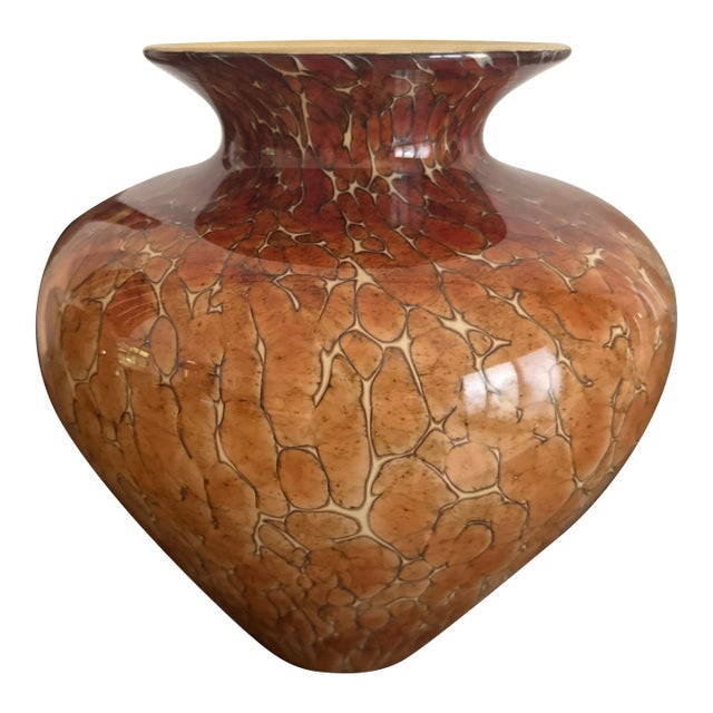 Murano Style Leopard Tortoise Brown and Beige Signed Art Glass Large Vase For Sale
