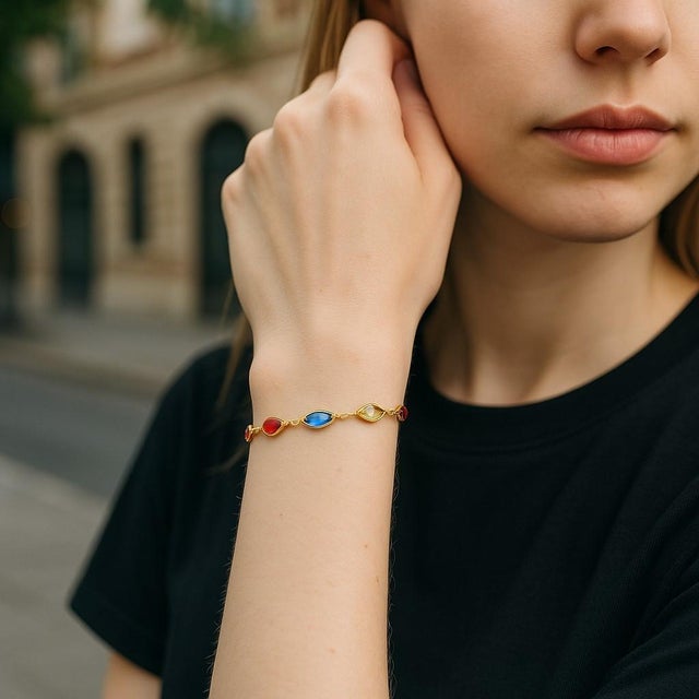 14k Italian Yellow Gold Multi-Colored Gemstone Stacking Bracelet For Sale - Image 4 of 4