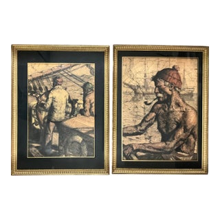1910s Pair of Sailors Hernando Villa Mixed Media(1881-1952)...Born: Los Angeles, Ca For Sale