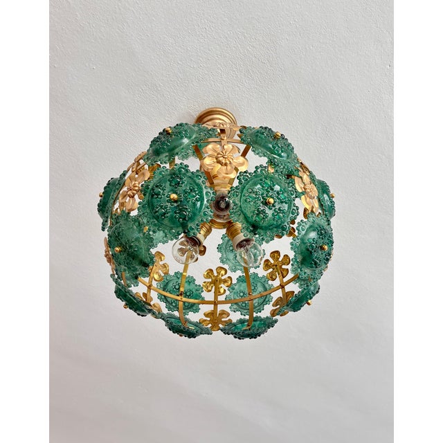 1970s Mid-Century Modern Style Teal Turquoise Hand-Painted Glass and Gold Floral Chandelier⁠ For Sale - Image 17 of 17