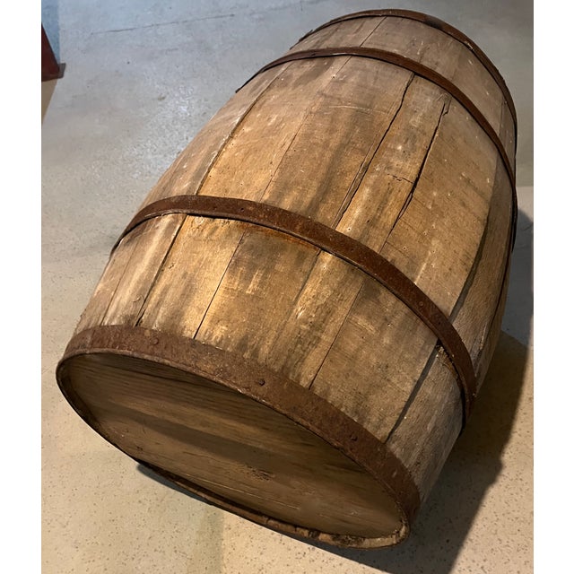 Late 20th Century Antique Oak Barrel Weathered Staves Forged Iron Bands Farmhouse Primitive For Sale - Image 5 of 7
