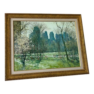 Vintage Central Park Landscape Oil Painting on Canvas, Framed For Sale