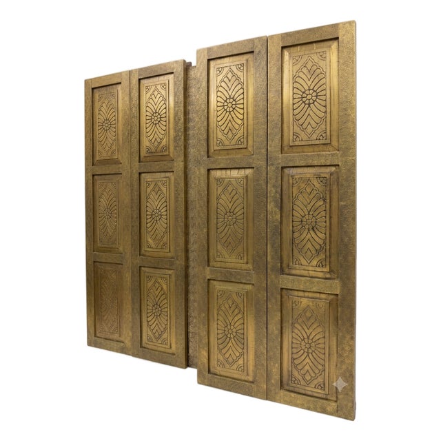 Vintage Hand-Hammered Brass-Clad Double Doors | Architectural Statement Pair 80x36 For Sale